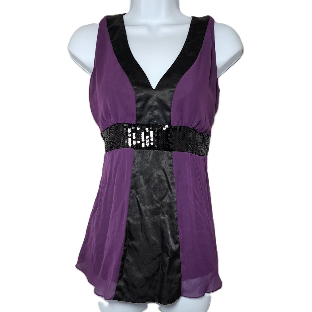 Jonathan Martin Top M‎ Purple Black Sleeveless Sequin Waist V-Neck Party Blouse
